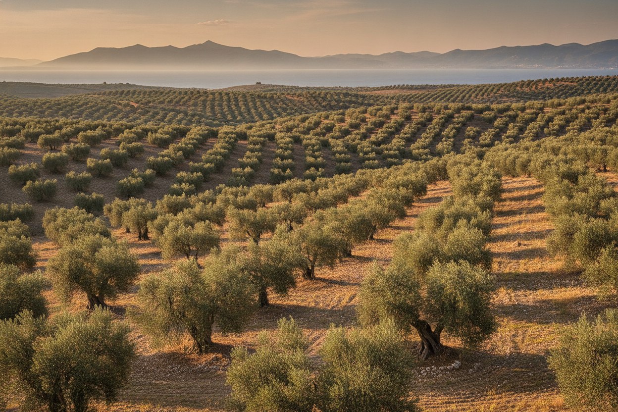 Urla'daki zeytin bahçesinin panoramik görünümü