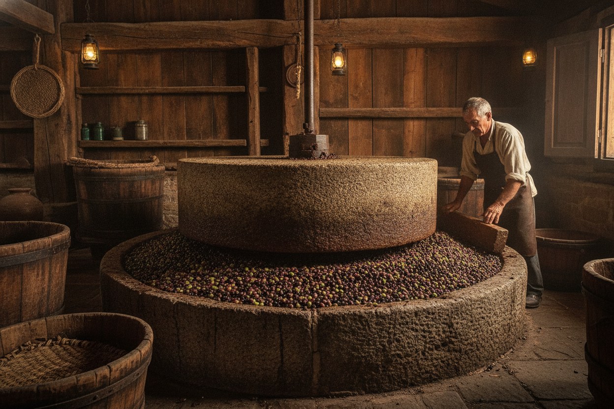 Granit taş değirmende zeytin ezilirken